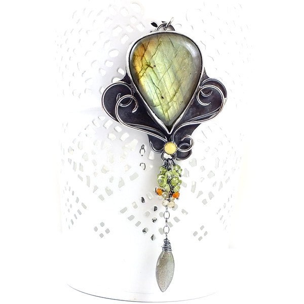 Labradorite romantic necklace, green orange pendant, metalwork gemstone jewelry, sterling silver jewelry