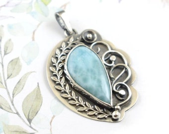 Larimar pendant, retro pendant, blue metalwork jewelry, silver jewelry