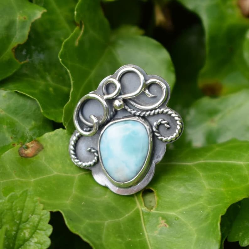 adjustable ring Larimar sterling silver ring retro metalwork statement ring