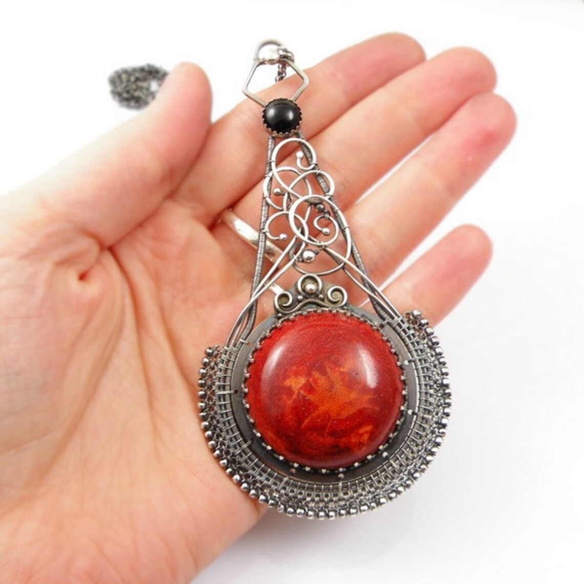 Wire wrap necklace statement bold jewelry red and black Etsy