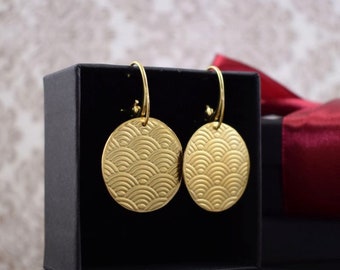 Gold plated silver circle earring, swirls pattern jewelry, textured ornament silver