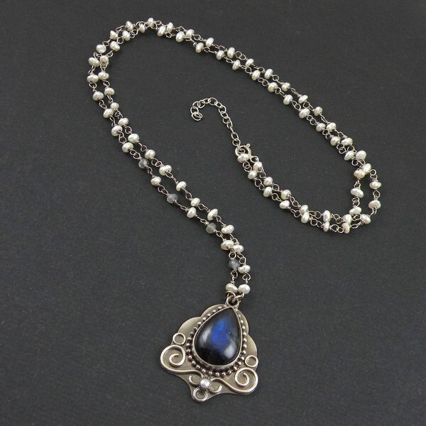 Retro long necklace,labradorite and pearl necklace, metalwork jewelry, gemstone fine jewelry, sterling silver necklace