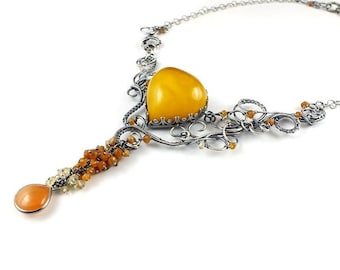 Luxury wire wrapped necklace, amber jewelry, gemstone fine jewelry, statement necklace