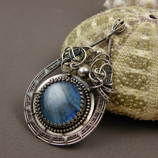 Blue labradorite pendant , wire wrapped pendant , wirework jewelry , sterling silver pednant , fine jewelry