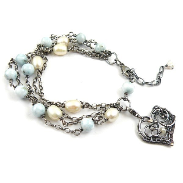 Wire wrapped bracelet, blue and white bracelet, heart charms, sterling silver bracelet