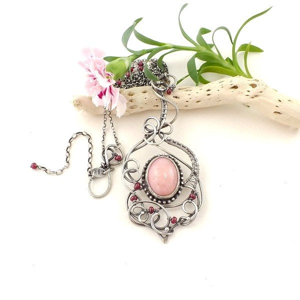 Wire wrap pink necklace, silver jewelry,  ruby and opal necklace, fine wirework jewelry