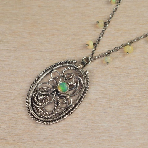 Ethiopian opal shops necklace, wire wrapped sterling silver jewelry, retro romantic jewelry