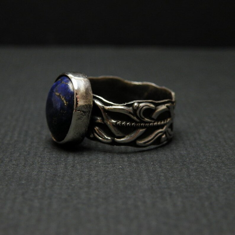 Sterling Silver Metalwork Ring With Blue Lapis Ornament Band | Etsy