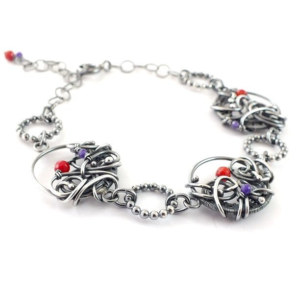 Wire wrapped bracelet, red purple bracelet, sterling silver bracelet, fine jewelry