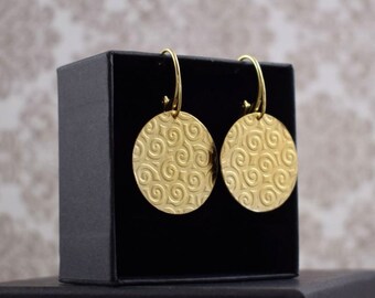 Gold plated silver circle earring, swirls pattern jewelry, textured silver