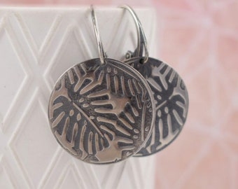 Silver circle earring, monstera leaf jewelry, textured silver