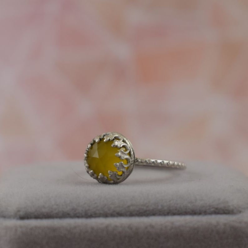 metalwork ring gemstone ring retro silver jewelry Yellow chalcedony ring