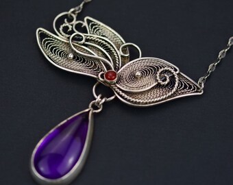 Amethyst filigree necklace, purple gemstone jewelry, metalwork silver necklace