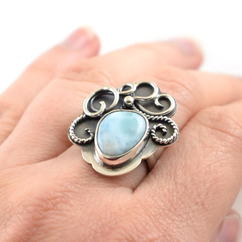 adjustable ring Larimar sterling silver ring retro metalwork statement ring