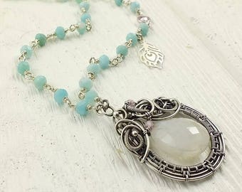 Wire wraped necklace, pastel blue pendant, long silver necklace, gemstone jewelry