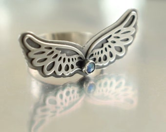 Wings ring, metalwork statement ring, blue moonstone ring, hand made silver jewelry