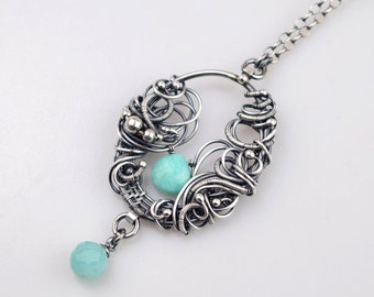 Blue amazonite necklace, wire wrapped oval pendant, sterling silver necklace