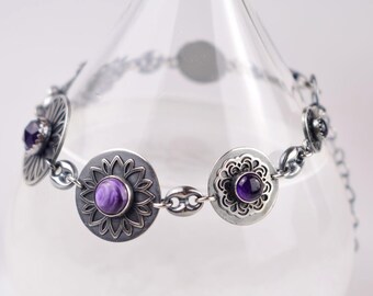 Purple gemstone bracelet, silver retro bracelet, metalwork gemstone jewelry