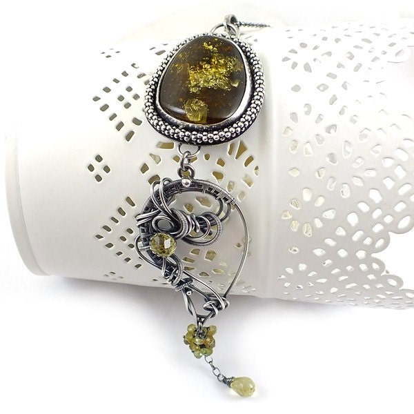 Wire wrapped necklace, green amber jewelry, metalwork jewelry, sterling silver long pendant