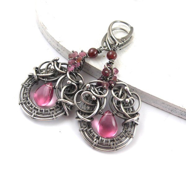 Pink wire wrapped earring , sterling silver earring, romantic gemstone jewelry, dangle earring