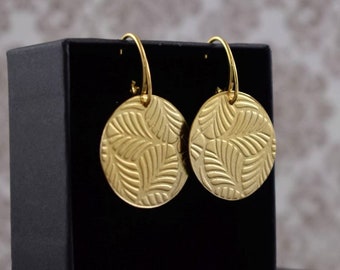 Gold plated silver circle earring, swirls pattern jewelry, textured leafs silver