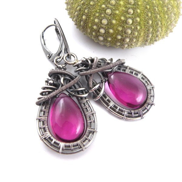 Purple silver earring , wire wrapped earring, long dangle earring, sterling silver jewelry, gemstone jewelry