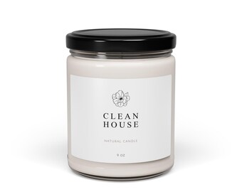 May include: A white jar candle with a black lid. The label reads "CLEAN HOUSE NATURAL CANDLE" with a floral illustration. The candle is 9 oz.