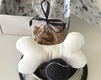 Welcome Home Puppy Gift Box: Plush Toy, Treats & Bowls