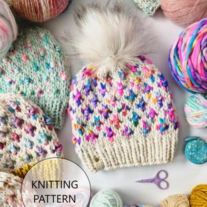 May include: A white knitted hat with a colorful pom pom and a fluffy white pom pom on top. The hat is surrounded by balls of yarn in various colors, including pink, blue, green, and white. The text "Knitting Pattern" is written in a circle on the image.