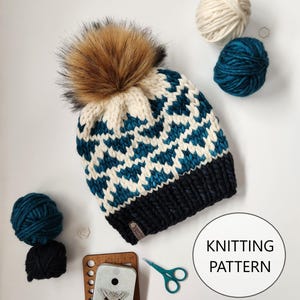 May include: A knitting pattern for a blue and white chevron beanie with a brown faux fur pom pom. The pattern includes yarn balls in white, teal, and black.