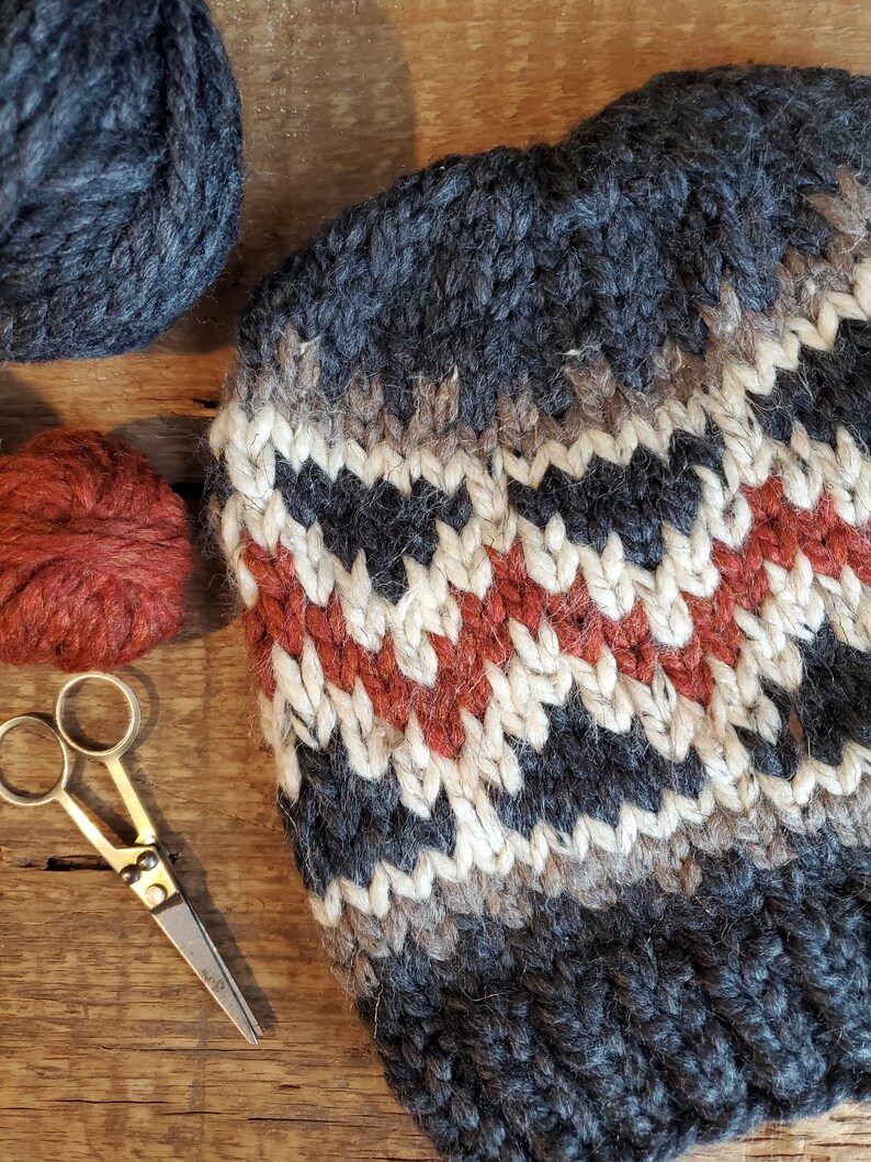 May include: A close-up of a knitted hat with a gray, white, and orange chevron pattern. The hat is made with thick yarn and has a fuzzy texture. There are also balls of yarn and a pair of scissors in the image.