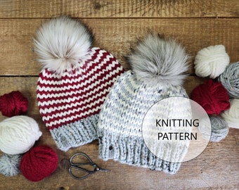 KNITTING PATTERN - The Sugar Twist Hat, Jogless Stripes Knit Hat, Super Bulky Knit Hat Pattern