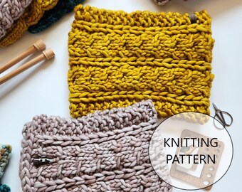 May include: Close-up of several hand-knitted items in various colors, including mustard yellow, teal, and mauve. The items appear to be neck warmers or cowls, with a chunky knit texture. A circular graphic reads "KNITTING PATTERN".
