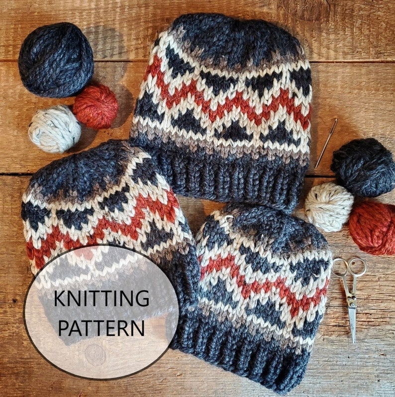 May include: Knitting pattern for a hat with a geometric design in shades of gray, white, red, and brown. The pattern includes yarn balls and knitting needles.