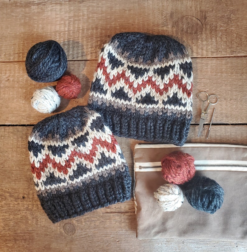 May include: Two black and white knit hats with a red and white geometric pattern. The hats are on a wooden surface with yarn balls and a small pair of scissors.