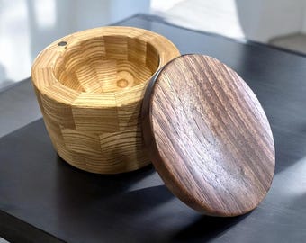 Handcrafted Black Ash Salt Cellar: Walnut & Maple Burl Inlay, Magnetic Lid