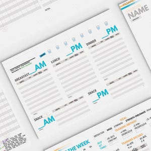May include: Several white paper sheets with a fitness tracker theme. The sheets have sections for daily meal planning, exercise tracking, and goal setting. The text includes "Breakfast", "Lunch", "Dinner", "Snack", and "Training Record".