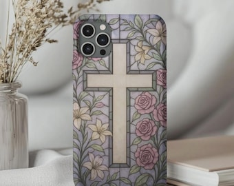 Floral Stained Glass Cross Case, Religious Gift, Christian Phone Cover, Baptism Gift, Faith Case, iPhone 17 16 15 14 13 12 11 X Pro Plus Max