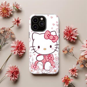 Cute Pink Floral Kitty Phone Case iPhone 16 15 14 13 12 11 X Pro Plus Max