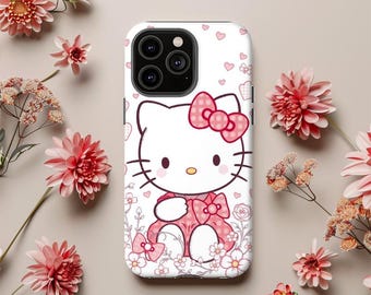 Cute Pink Floral Kitty Phone Case iPhone 16 15 14 13 12 11 X Pro Plus Max