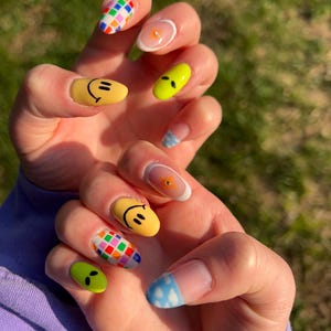 FUNKY press on nails- alien, smiley face, checkered, clouds