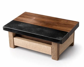 Alzata in noce e resina epossidica nera / Supporto espositivo in legno fatto a mano / Vassoio moderno per tavolino da caffè / Organizzatore per ingresso / Decorazione rustica minimalista