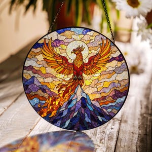 Phoenix Rising from Flames Suncatcher Stained Glass Window Decor Gift for Christmas Birthday or Housewarming