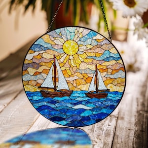 Sailboat Stained Glass Suncatcher Nautical Window Hanging Gift for Sailor Lover
