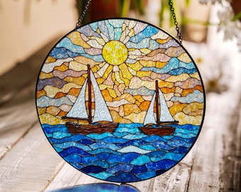Sailboat Stained Glass Suncatcher Nautical Window Hanging Gift for Sailor Lover