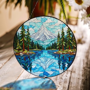 Mountain Lake Forest Scene Suncatcher Nature Stained Glass Art Gift for Hiker Camper or Nature Lover