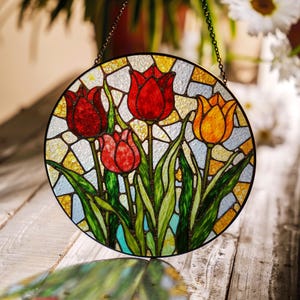 Stained Glass Tulip Panel Spring Floral Suncatcher Handmade Gift for Garden Lovers