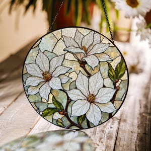 white magnolia flowers stained glass window hanging suncatcher gift for flower lover