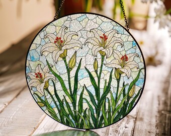 Weiße Lilie Bloom Panel Glasmalerei Suncatcher Blumenfenster Dekor Geschenk für Oma