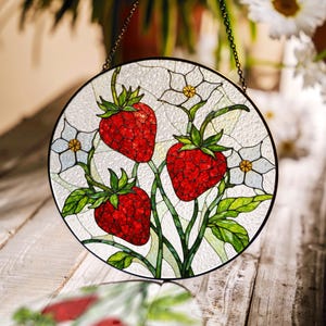 Red Strawberry Floral Stained Glass Suncatcher Gift for Gardeners